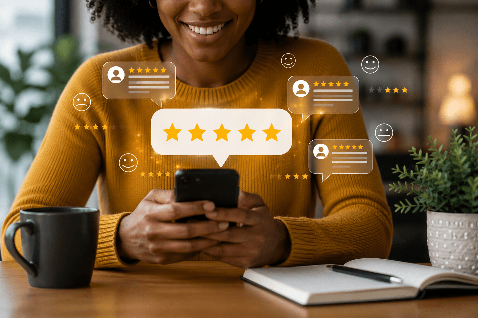 Person in a mustard sweater uses a smartphone; floating review bubbles and a prominent five-star rating surround the screen.